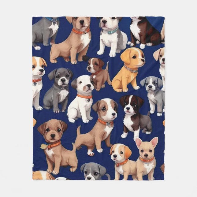Puppy Dog Navy Blue Pattern Design Fleece Blanket (Front)