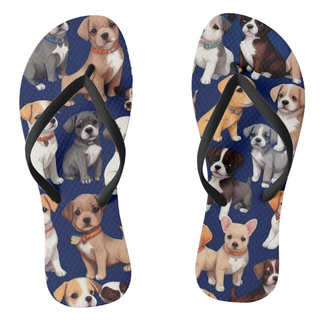 Puppy Dog Navy Blue Pattern Design Flip Flops (Footbed)