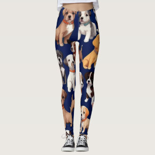 Puppy Dog Navy Blue Pattern Design Leggings