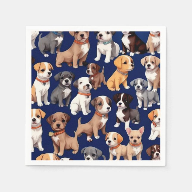 Puppy Dog Navy Blue Pattern Design Napkin (Front)