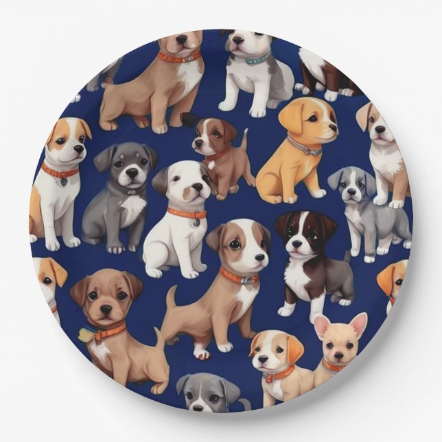 Puppy Dog Navy Blue Pattern Design Paper Plate (Front)