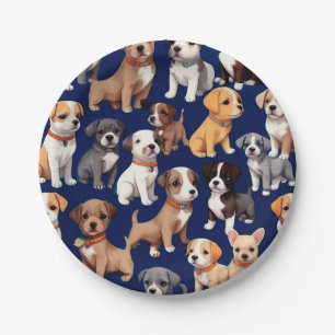 Puppy Dog Navy Blue Pattern Design Paper Plate