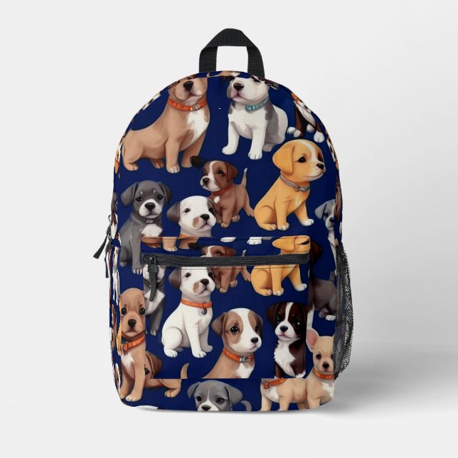Puppy Dog Navy Blue Pattern Design Printed Backpack (Front)