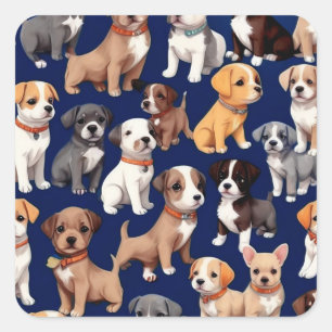 Puppy Dog Navy Blue Pattern Design Square Sticker