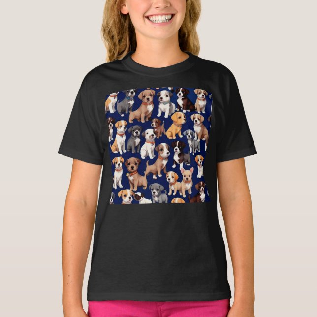 Puppy Dog Navy Blue Pattern Design T-Shirt (Front)