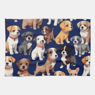 Puppy Dog Navy Blue Pattern Design Tea Towel