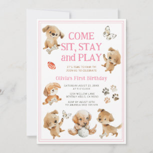 Puppy Dog Party Pawty Girl Birthday Invitation