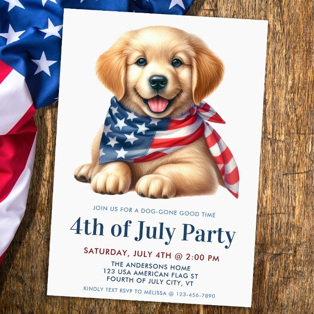Puppy Dog Patriotic Golden Retriever 4th Of July Invitation (Creator Uploaded)