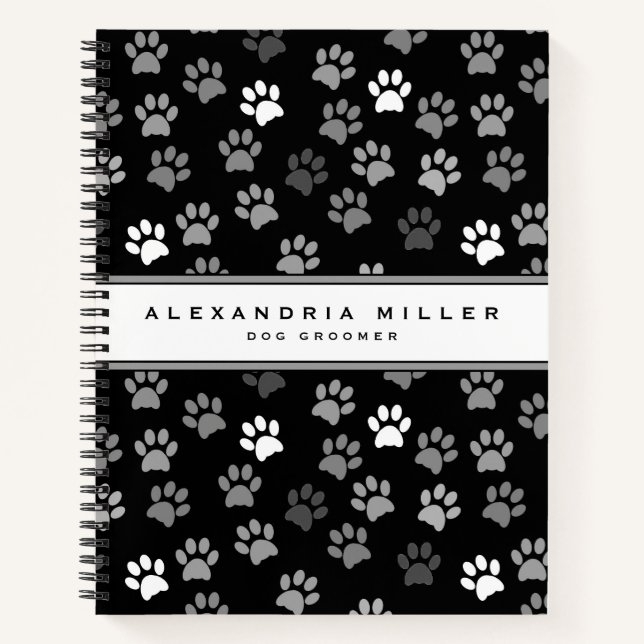 Puppy Dog Paw Print | Black Pink & Grey Notebook (Front)