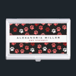 Puppy Dog Paw Print | Black Pink & White Business Card Holder<br><div class="desc">Animal themed business card holder features a stylish and whimsical puppy dog paw print pattern with blush pink, white and maroon paw prints on a black background with custom name and title or role presented on a white banner with coordinating pink and black accents and text. Professional animal themed business...</div>