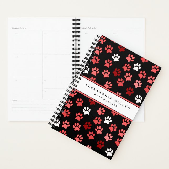 Puppy Dog Paw Print Black Pink White | Name & Year Planner (Display)