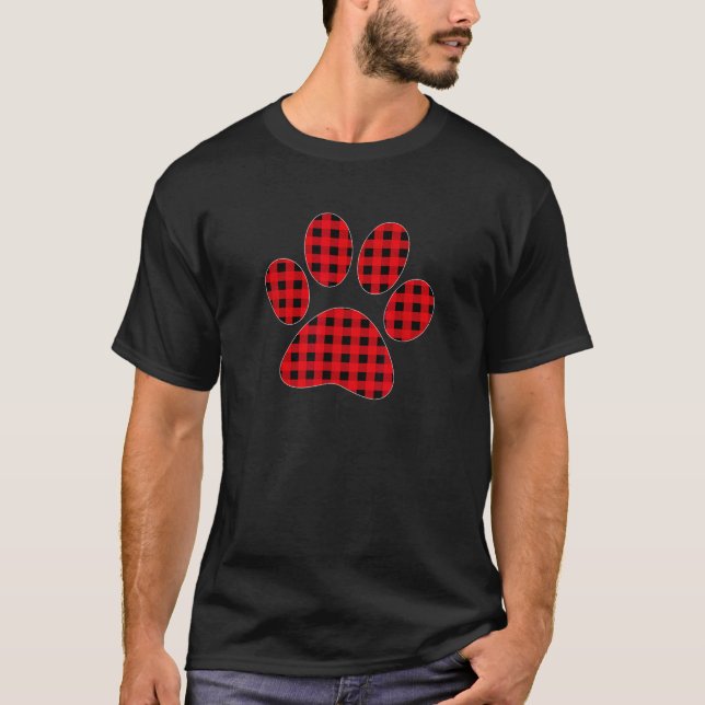 Puppy dog Paw Print Red Plaid Matching Buffalo Fam T-Shirt (Front)