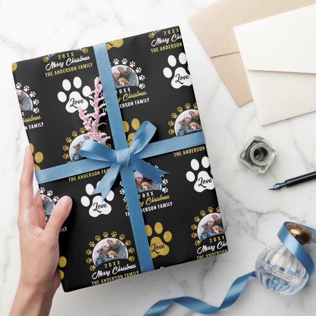 Puppy Dog Paws Black Gold Christmas Holiday Photo  Wrapping Paper (Gifting)