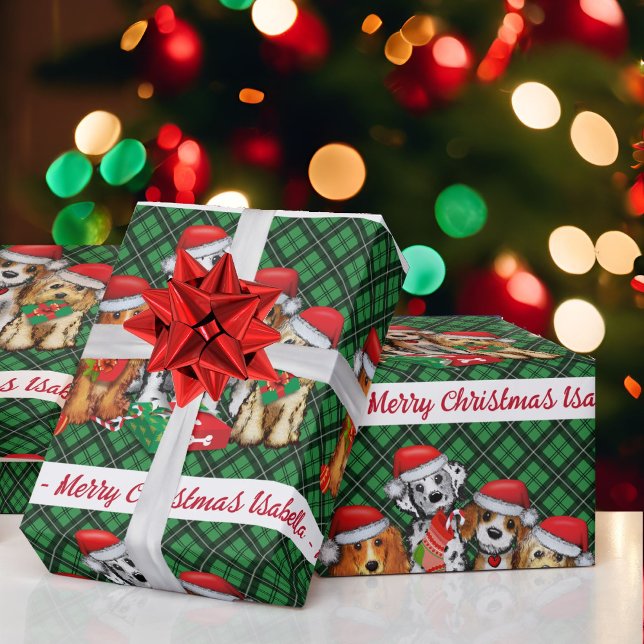 Puppy Dog Personalise Name Green Plaid Christmas Wrapping Paper (Creator Uploaded)