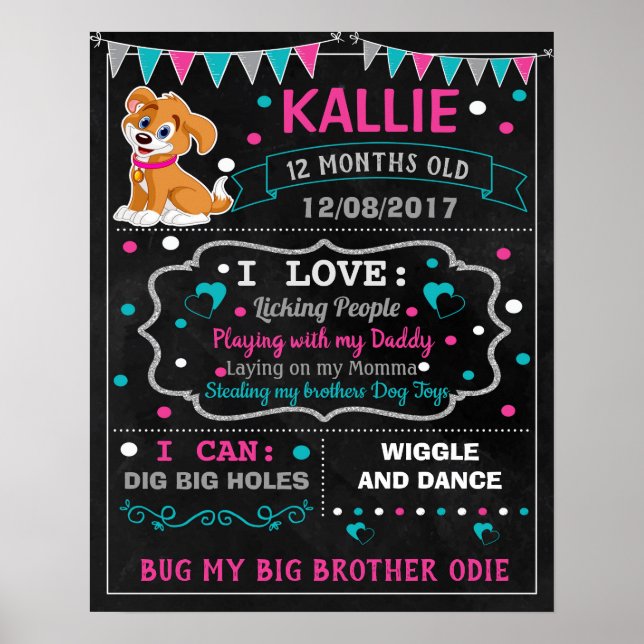Puppy Dog Pet Birthday chalkboard sign (Front)