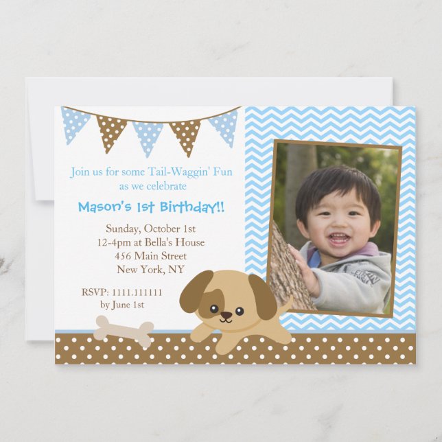 Puppy Dog Photo Birthday Invitations for boys (Front)