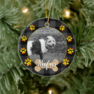 Puppy Dog photo & bone, paws, Grey buffalo Plaid Ceramic Tree Decoration