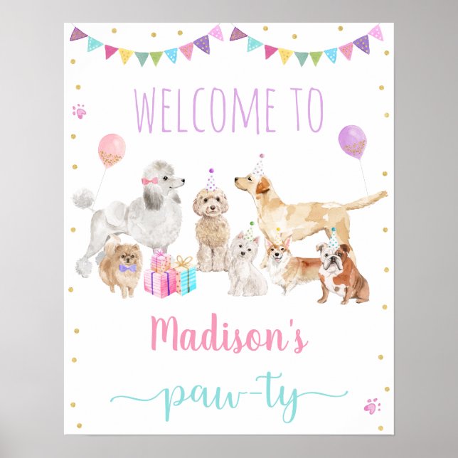 Puppy Dog Pink Girl Paw-ty Birthday Welcome Poster (Front)