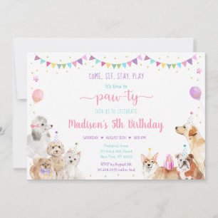 Puppy Dog Pink Gold Girl Birthday Invitation