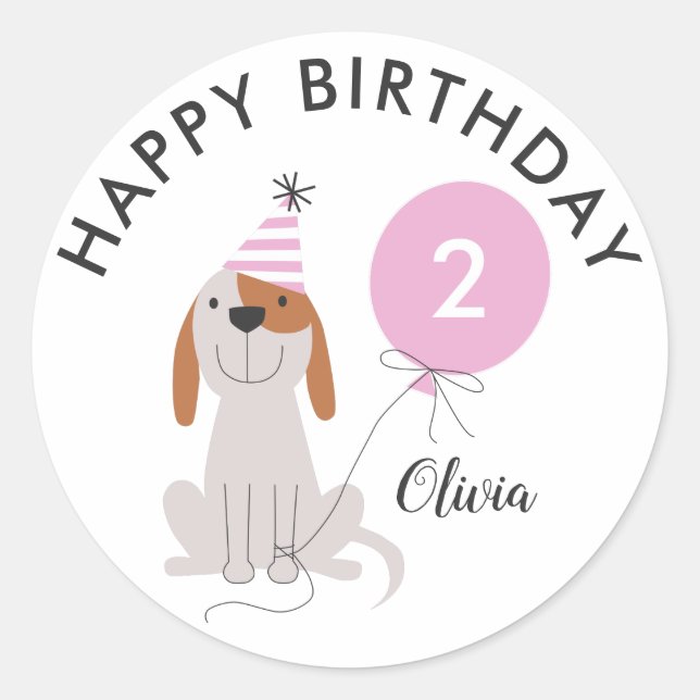 Puppy Dog Pink Happy Birthday Tag Sticker (Front)
