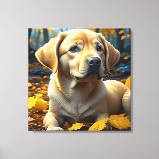 Puppy Dog Playing in Fall Leaves   Canvas Print (Front)