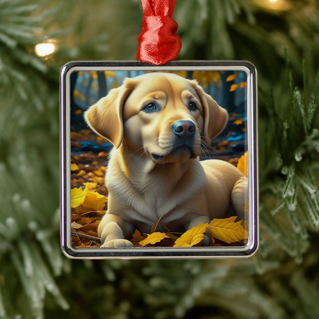 Puppy Dog Playing in Fall Leaves   Metal Tree Decoration (Tree)