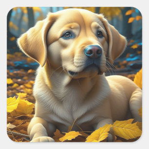 Puppy Dog Playing in Fall Leaves Square Sticker