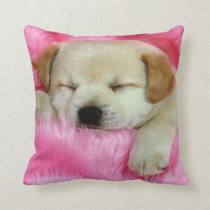 Puppy Dog Sleeping on Pink Throw Pillow