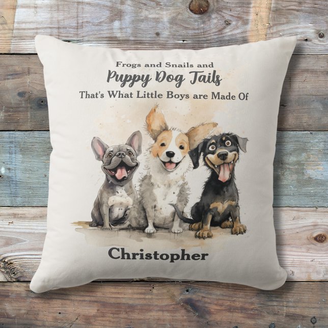 Puppy Dog Tails Baby Boy Personalised Cushion (Puppy Dog Tails Boy's Personalized Pillow with Watercolor Puppy Trio, Nursery Rhyme.)