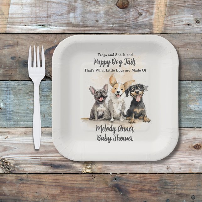 Puppy Dog Tails Boy Baby Shower Paper Plate (Boy Baby Shower Puppy Dog Tails with Watercolor Puppies, Shower Details, Mom's Name.)