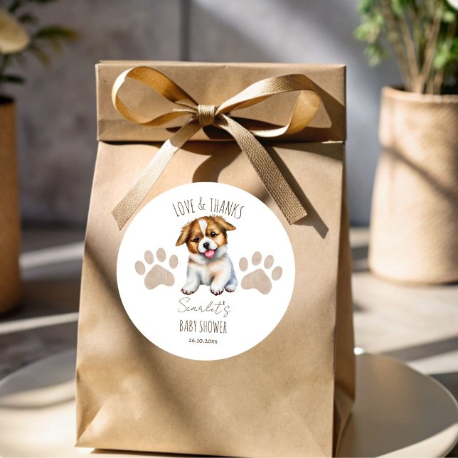 Puppy dog themed baby shower thank you favour classic round sticker (Puppy dog themed baby shower favors customized thank you favor stickers)