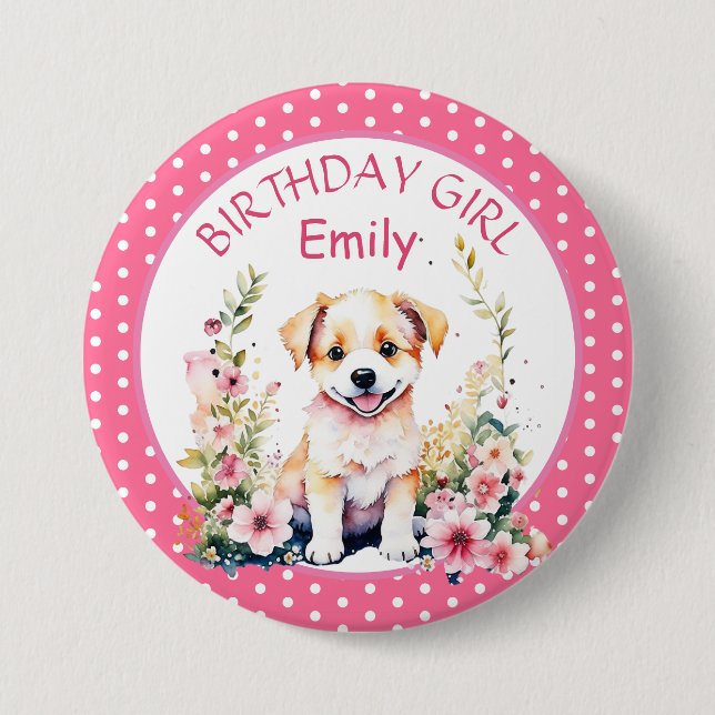 Puppy Dog Themed Personalised Birthday 7.5 Cm Round Badge (Front)