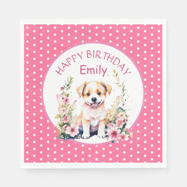 Puppy Dog Themed Personalised Birthday Napkin (Front)