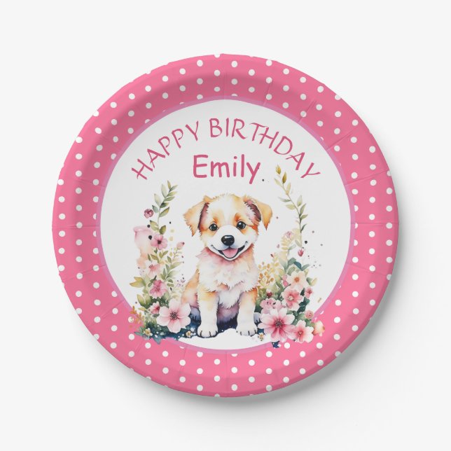 Puppy Dog Themed Personalised Birthday Paper Plate (Front)