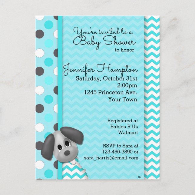Puppy Dog Turquoise Baby Shower Postcard Invitatio (Front)
