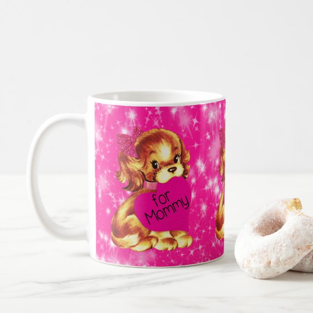 Puppy Dog Valentine for Mummy Fuschia Stars Coffee Mug (With Donut)