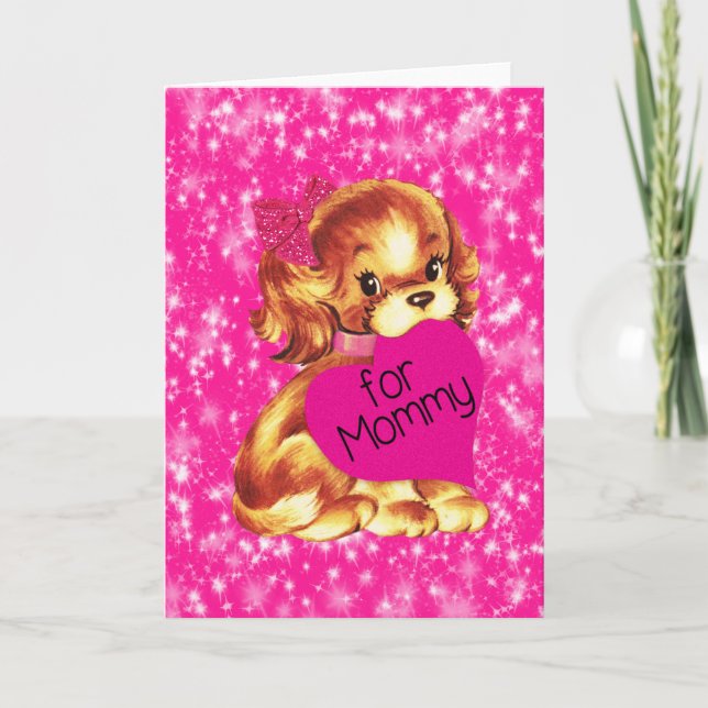 Puppy Dog Valentine for Mummy Fuschia Stars Holiday Card (Front)