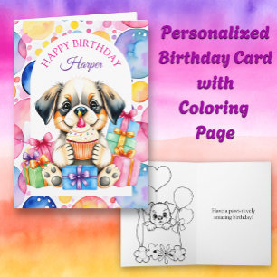 Puppy Dog with Cupcake Coloring Page Birthday Card