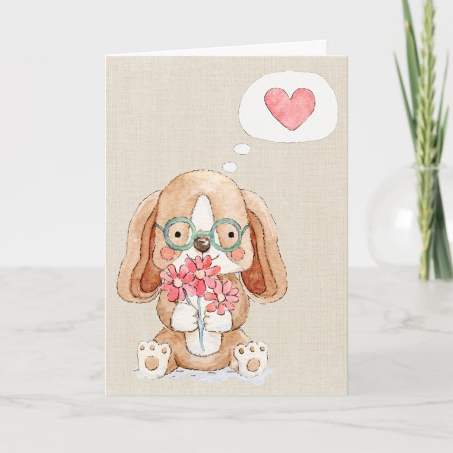 Puppy Dog with Flowers Thinking of You Card (Front)