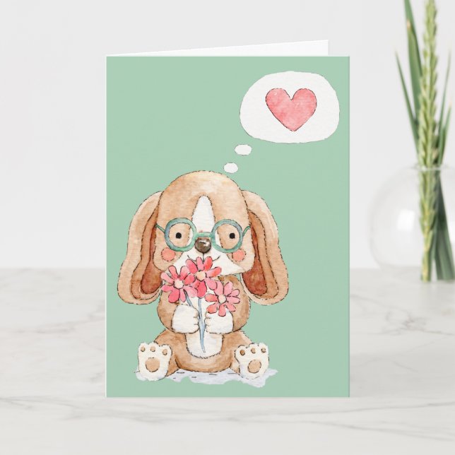 Puppy Dog with Flowers Thinking of You Card (Front)