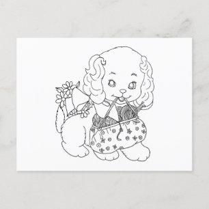 puppy dog with knitting need yarn colouring page postcard