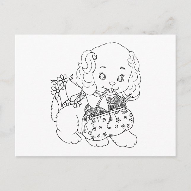 puppy dog with knitting need yarn colouring page postcard (Front)