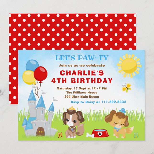 Puppy Dogs Castle Blue Birthday Party Invitation (Front/Back)