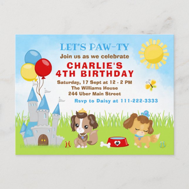 Puppy Dogs Castle Blue Birthday Party Postcard (Front)