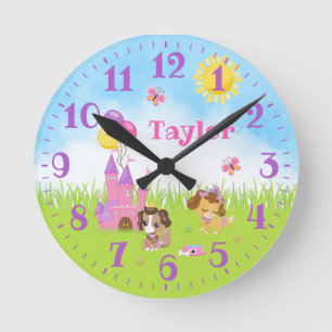 Puppy Dogs Castle Pink and Purple Round Clock