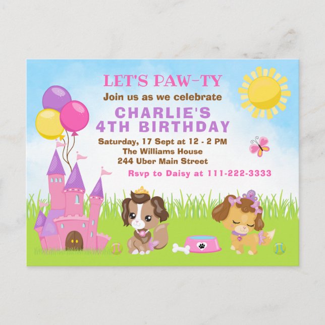 Puppy Dogs Castle Pink Birthday Party Postcard (Front)
