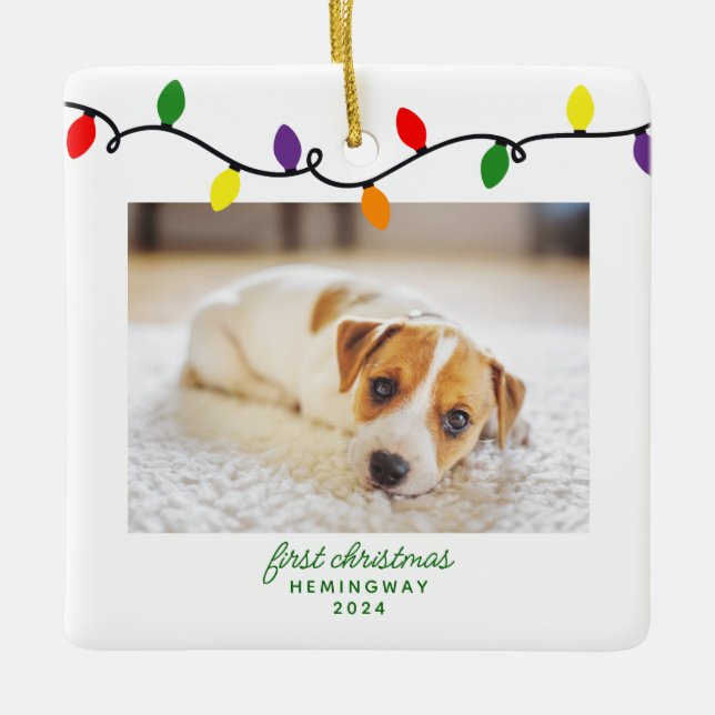 Puppy Dog's First Christmas Colourful Lights Photo Ceramic Ornament (Front)