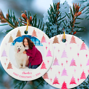Puppy Dogs First Christmas Custom Pet Photo Pink Ceramic Tree Decoration