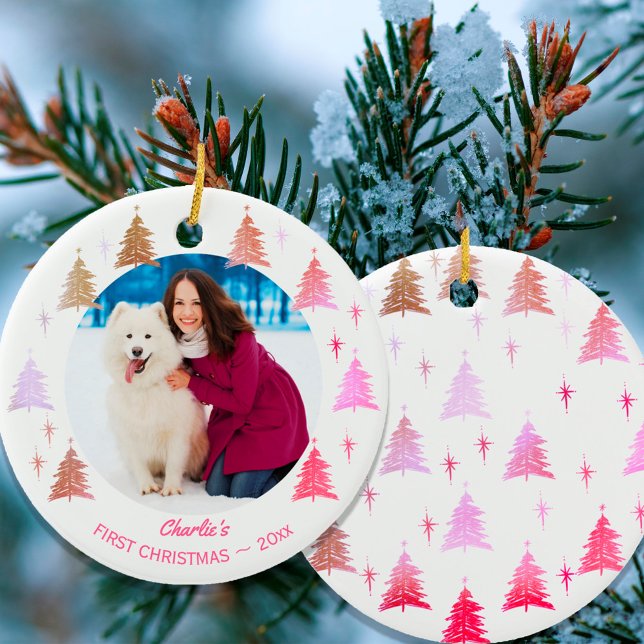 Puppy Dogs First Christmas Custom Pet Photo Pink Ceramic Tree Decoration (Creator Uploaded)