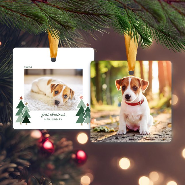 Puppy Dog's First Christmas Rustic Trees Photo Ceramic Ornament (Puppy Dog's First Christmas Rustic Trees Photo Ceramic Ornament)